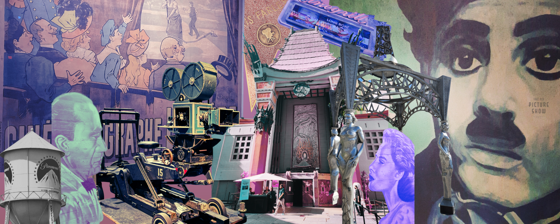 Collage of a variety of Film/Hollywood items: a french movie poster, the Paramount water tower, mural of the main characters from Casablanca, mural of Charlie Chaplin, the Chinese Theater, a star from the Hollywood walk of fame, an old film camera, the Hollywood Walk of Fame arch, and the Cinegrill sign.