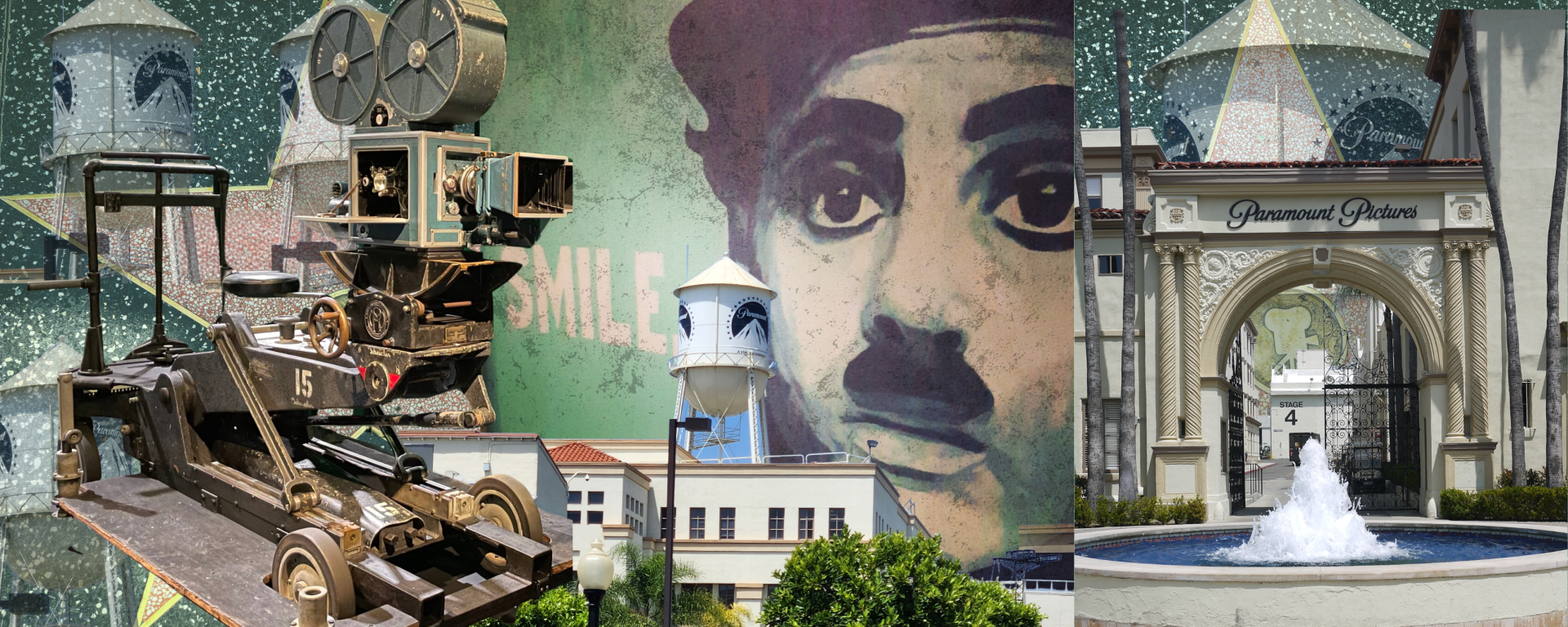 Digital collage of images consisting of old film camera, paramount studios, and Charlie Chaplin grafitti
