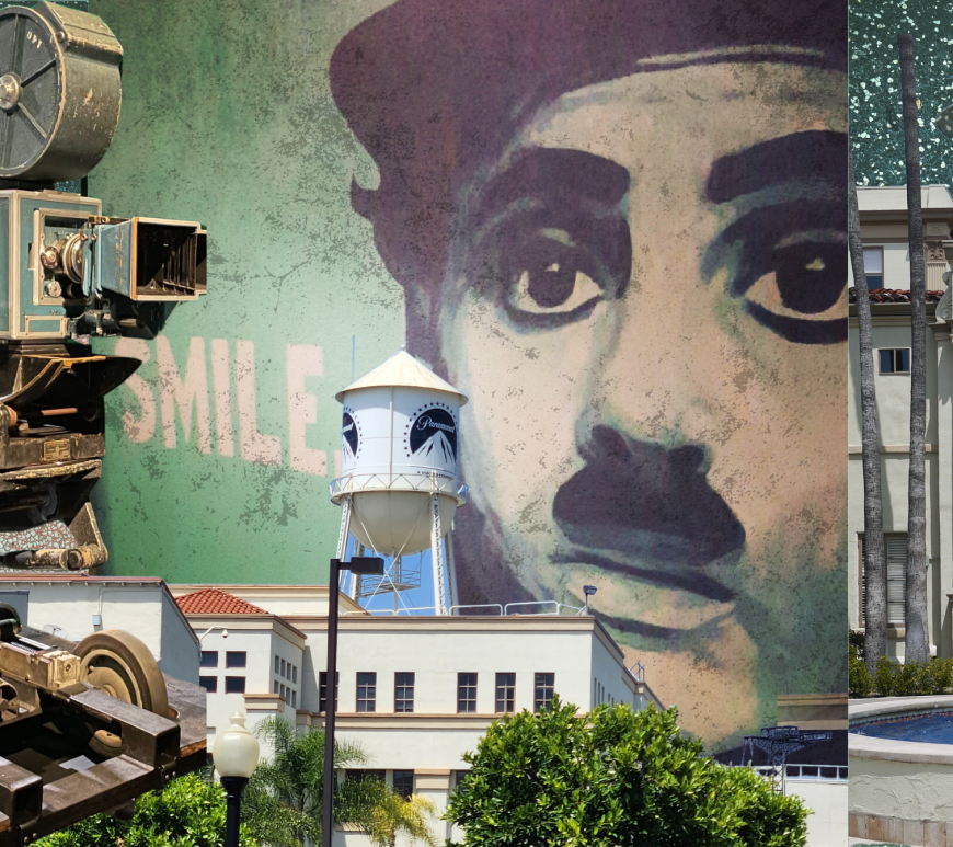 Digital collage of images consisting of old film camera, paramount studios, and Charlie Chaplin grafitti