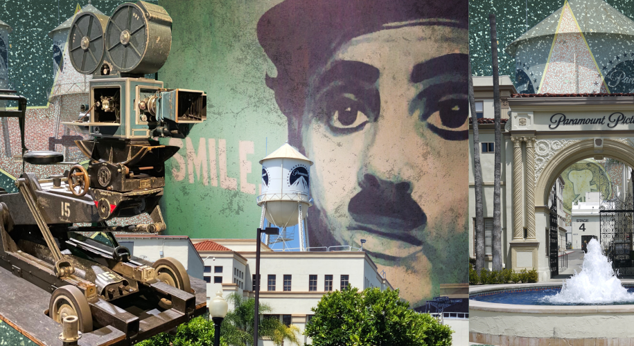 Digital collage of images consisting of old film camera, paramount studios, and Charlie Chaplin grafitti